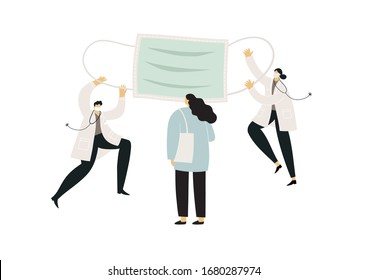 Ilustración plana vectorial - los médicos ponen una máscara a un paciente. Un paciente coronavirus lleva una máscara. Máscara facial médica