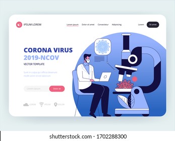 Vector flat illustration of Doctors and scientists wearing face mask and working in the laboratory, fight against coronavirus disease (2019-CoVID). Innovative technologies in science and medicine