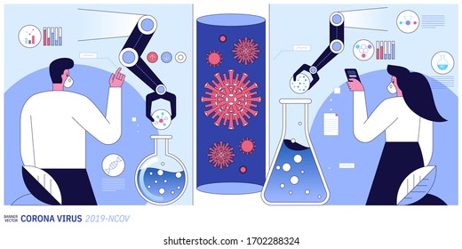 Vector flat illustration of Doctors and scientists wearing face mask and working in laboratory, fight against coronavirus disease (2019-CoVID). Innovative technologies in science and medicine