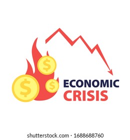 Ilustración plana vectorial de las monedas en dólares en llamas con flecha roja abajo y cita Crisis económica. Concepto de crisis financiera mundial. La caída del precio del petróleo, la caída del mercado, la economía está en shock
