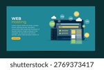 Vector flat illustration of domain registration and hosting setup, globe, DNS icons, server, and connection lines, simple geometric style.