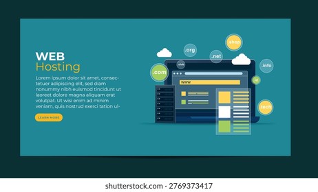 Vector flat illustration of domain registration and hosting setup, globe, DNS icons, server, and connection lines, simple geometric style.