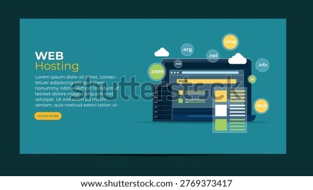 Vector flat illustration of domain registration and hosting setup, globe, DNS icons, server, and connection lines, simple geometric style.