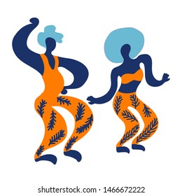 Vector flat illustration with doodle dancing woman and men. Bright color trendy design 