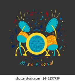 Vector flat illustration with doodle drums. Bright color trendy design for print; textile; postcard; advertising; music festivals; musical groups