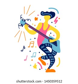 Vector flat illustration with doodle guitar player. Guitarist plays his instruments. Bright color trendy design for print, textile, postcard, advertising, music festivals, musical groups