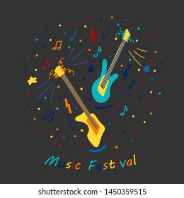Vector flat illustration with doodle guitars. Bright color trendy design for print; textile; postcard; advertising; music festivals; musical groups; 