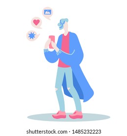 Vector flat illustration with doodle man with a device. Man takes a photo on a smartphone . Design of a modern young man with a mobile device