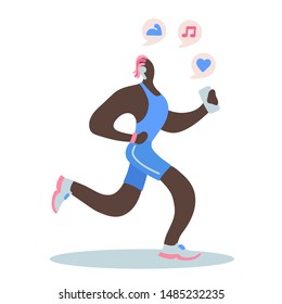 Vector flat illustration with doodle  man with a device. Man  runs and listens to music from a smartphone. Design of a modern young man with a mobile device and headphones
