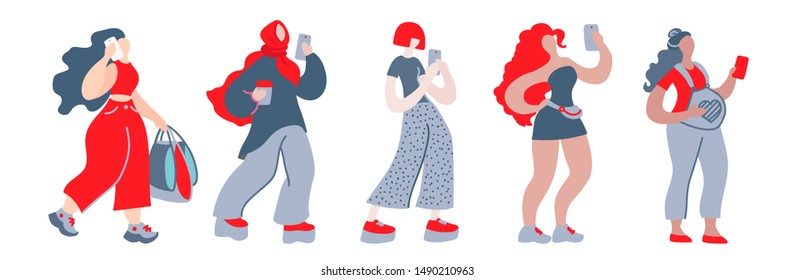 Vector flat illustration with doodle man with a device. Man talk on a smartphone, take pictures, send messages, play games and has a shopping. Design of a modern young man with a mobile device