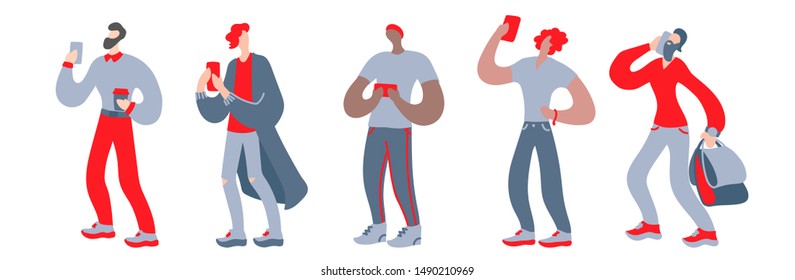 Vector flat illustration with doodle man with a device. Man talk on a smartphone, take pictures, send messages, play games and has a shopping. Design of a modern young man with a mobile device