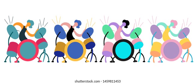 Vector flat illustration with doodle musician . Drummer plays his instruments. Bright color trendy design for print, textile, postcard, advertising, music festivals, musical groups