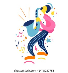 Vector flat illustration with doodle musicians. Saxophonist plays on his saxophone. Bright color trendy design for print, textile, postcard, advertising, music festivals, musical groups