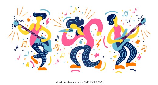 Vector flat illustration with doodle musicians. Music band plays their instruments. Bright color trendy design for print, textile, postcard, advertising, music festivals, musical groups