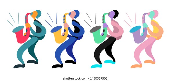 Vector flat illustration with doodle musicians. Saxophonist plays on his saxophone. Bright color trendy design for print, textile, postcard, advertising, music festivals, musical groups