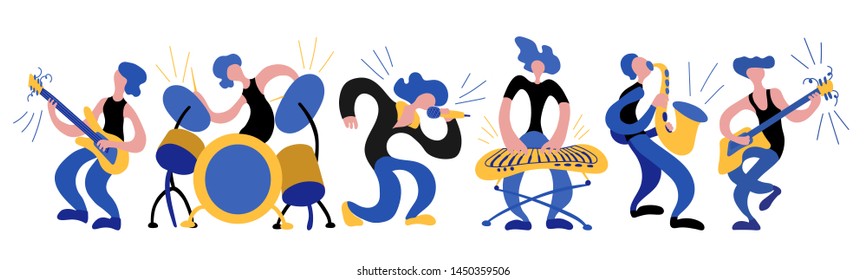 Vector flat illustration with doodle musicians. Music band plays their instruments. Bright color trendy design for print, textile, postcard, advertising, music festivals, musical groups