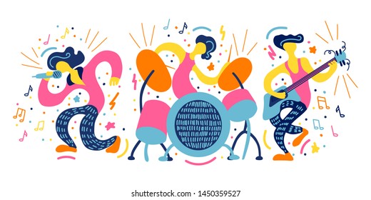 Vector flat illustration with doodle musicians. Music band plays their instruments. Bright color trendy design for print, textile, postcard, advertising, music festivals, musical groups