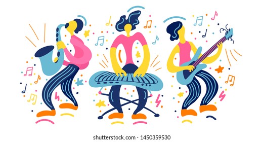 Vector flat illustration with doodle musicians. Music band plays their instruments. Bright color trendy design for print, textile, postcard, advertising, music festivals, musical groups