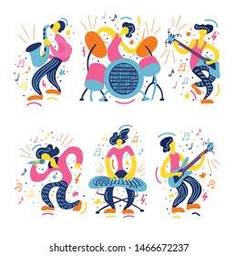 Vector flat illustration with doodle musicians. Music band plays their instruments. Bright color trendy design 