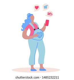 Vector flat illustration with doodle pegnant woman with a device. Woman makes online purchases on a smartphone for her baby . Design of a modern young woman with a mobile device