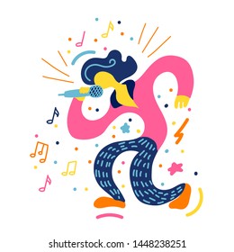 Vector flat illustration with doodle singer. Vocalist sing his song. Bright color trendy design for print; textile; postcard; advertising; music festivals; musical groups