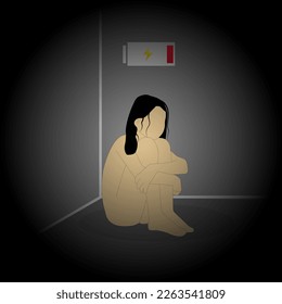 Vector flat illustration in doodle style of a young girl sitting in the corner of a dark gloomy room with her hands around her knees