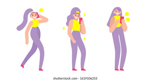 Vector flat illustration with doodle woman with a device. Girl holds a smartphone, take selfie, talking and sending messages. Bundle of a modern female character with a mobile device