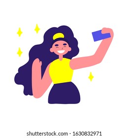 Vector flat illustration with doodle woman with a device. Girl takes selfie on smartphone and smiles. Design of a modern female character with a mobile device