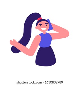 Vector flat illustration with doodle woman with a device. Girl talking on a smartphone and smiling. Design of a modern female character with a mobile device