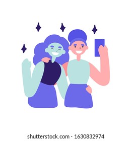 Vector flat illustration with doodle womtn with a device. Girls friends takes selfie on smartphone and smiles. Design of a modern female character with a mobile device