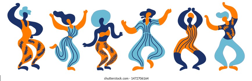 Vector flat illustration with doodledancing woman and men. Bright color trendy design for print, textile, postcard, advertising, music festivals