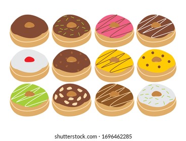 Vector flat illustration of a dozen of donuts in various toppings and flavors