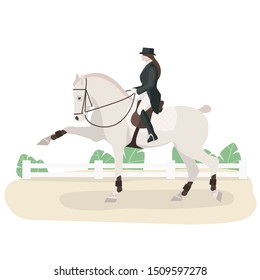 vector flat illustration of dressage with horse in equipment and women rider in competition. element of dressage - school walk