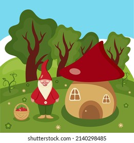 Vector flat illustration of a dwarf in the forest. Cute gnome near his house in a summer glade. Beautiful cartoon landscape. Children's illustration.ESP10.