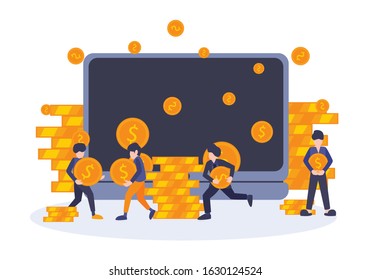Vector flat illustration, Earning and Spending Money in Internet from Digital Technologies. People teamwork bring the dollar coins from big monitor, business metaphor concept, cooperation performance.