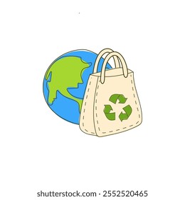 Vector flat illustration of Earth anime style with trash bag, transparent background image