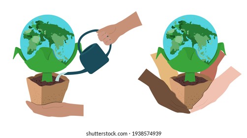 Vector flat illustration, Earth Day poster, concepts of ecology and respect for nature. Hands holding planet earth, caring world.