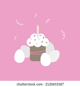 Vector flat illustration with easter cake, candle and eggs on pink background for card, post card, print or infographic picture. 