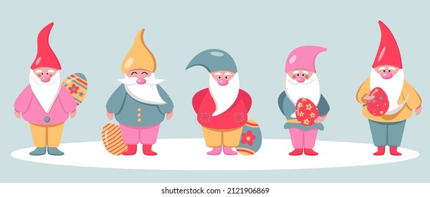 Vector flat illustration for Easter. Cute Easter gnomes and eggs on a blue background. Happy Easter banner. EPS10. Modern minimalistic style.