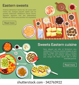 Vector flat illustration of eastern sweets dishes. Outside tasty snacks with cup of hot lemon tea, candies, cookies
