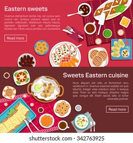 Vector flat illustration of eastern sweets dishes. Outside tasty snacks with cup of hot lemon tea, candies, cookies