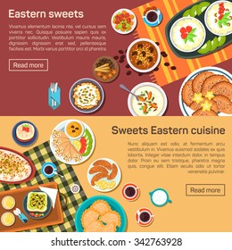 Vector flat illustration of eastern sweets dishes. Outside tasty snacks with cup of hot lemon tea, candies, cookies