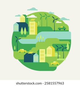 Vector flat illustration eco city landscape with green hills, lake, trees, solar panels and wind turbines. Modern city with eco energy. Sphere shape