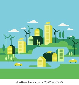 Vector flat illustration eco city landscape with green hills, lake, trees, solar panels and wind turbines. Modern city with eco energy