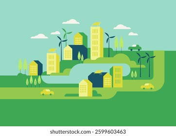 Vector flat illustration eco city landscape with green hills, lake, trees, solar panels and wind turbines. Modern city with eco energy