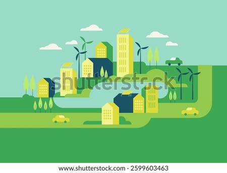 Vector flat illustration eco city landscape with green hills, lake, trees, solar panels and wind turbines. Modern city with eco energy