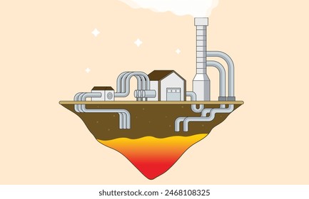 Vector flat illustration of an eco-friendly geothermal power plant, ideal for sustainable energy concepts and renewable energy solutions.