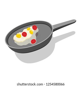 Vector flat illustration, eggs with tomatoes fried in a pan on an isolated white background. Healthy breakfast.