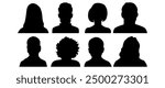 Vector flat illustration. Eight icons. Black silhouette of men and women. Avatar, user profile, person icon, profile picture. Suitable for social media profiles, icons, screensavers and as a template.