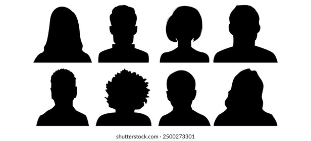 Vector flat illustration. Eight icons. Black silhouette of men and women. Avatar, user profile, person icon, profile picture. Suitable for social media profiles, icons, screensavers and as a template.